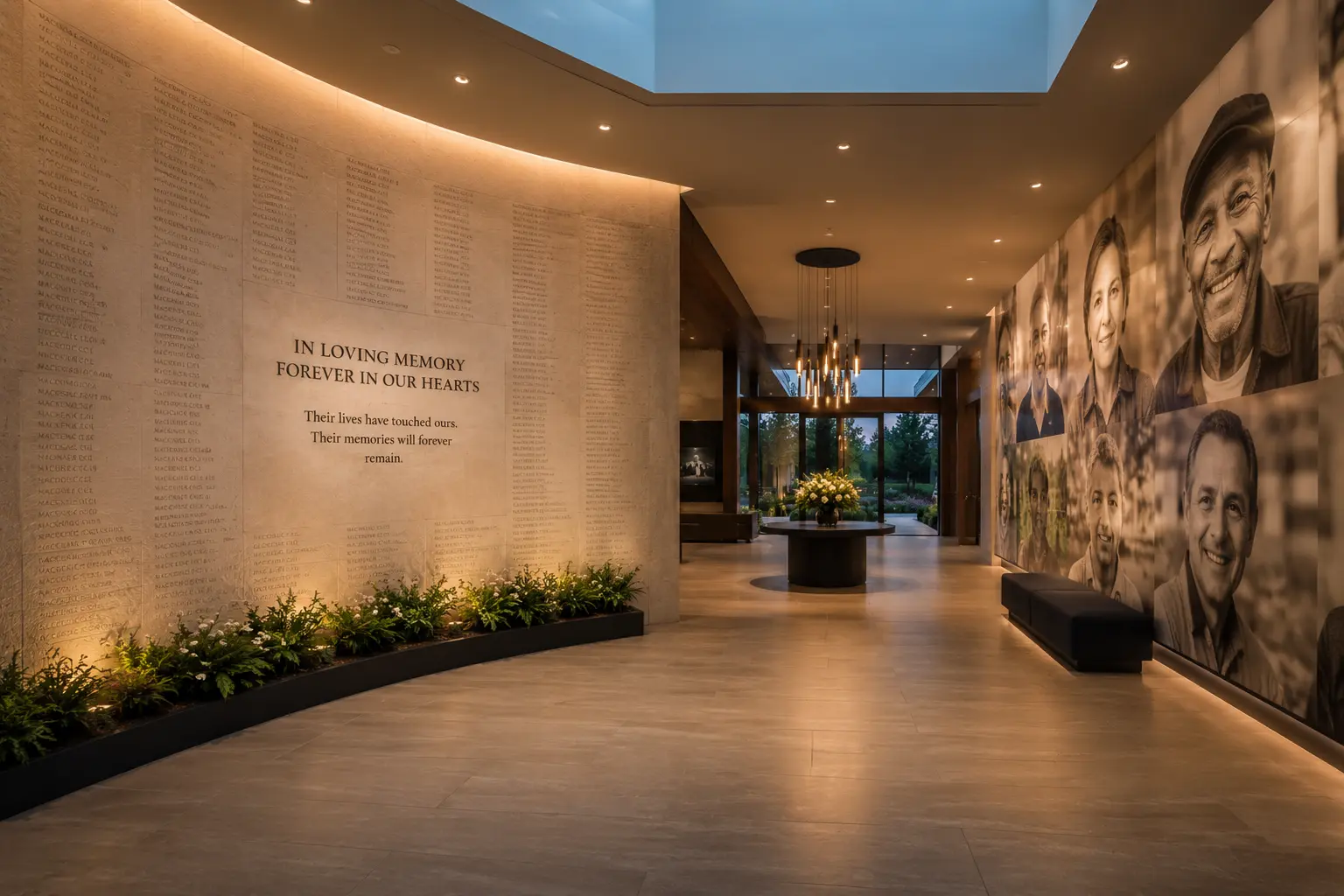 A memorial entrance with an engraved wall of names and portraits