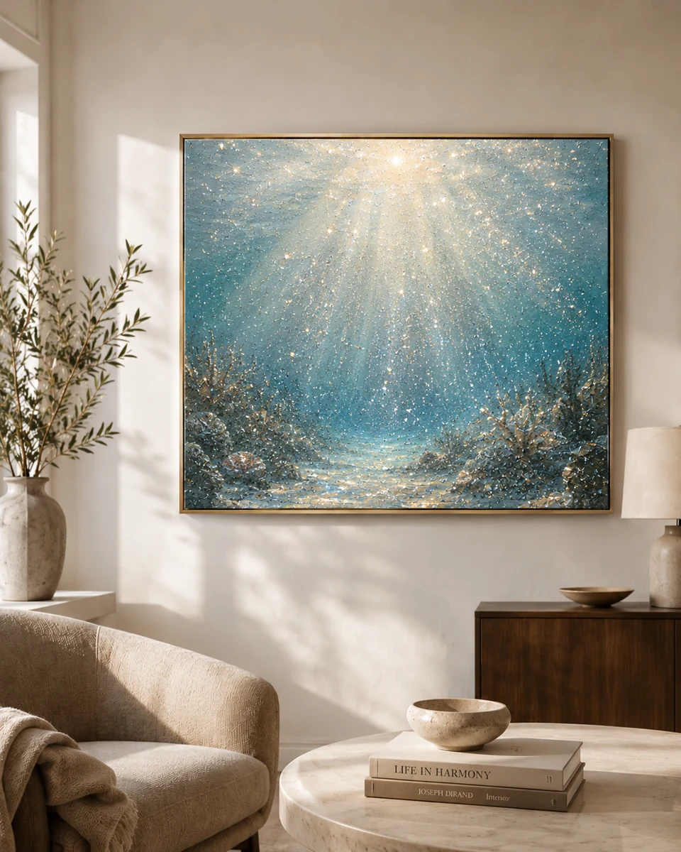 Embellished art displayed in a lifestyle setting.