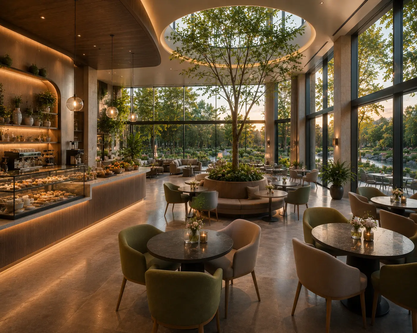 Concept view of a welcoming café and community gathering space inside a Tribute Center