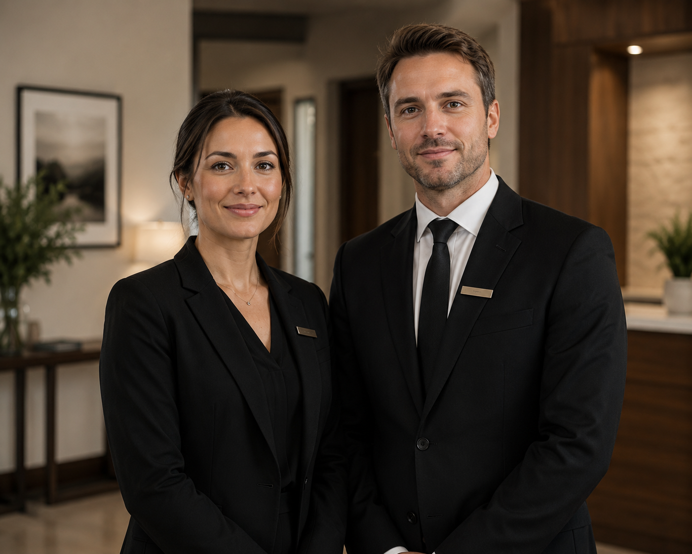 Two funeral professionals in a funeral home