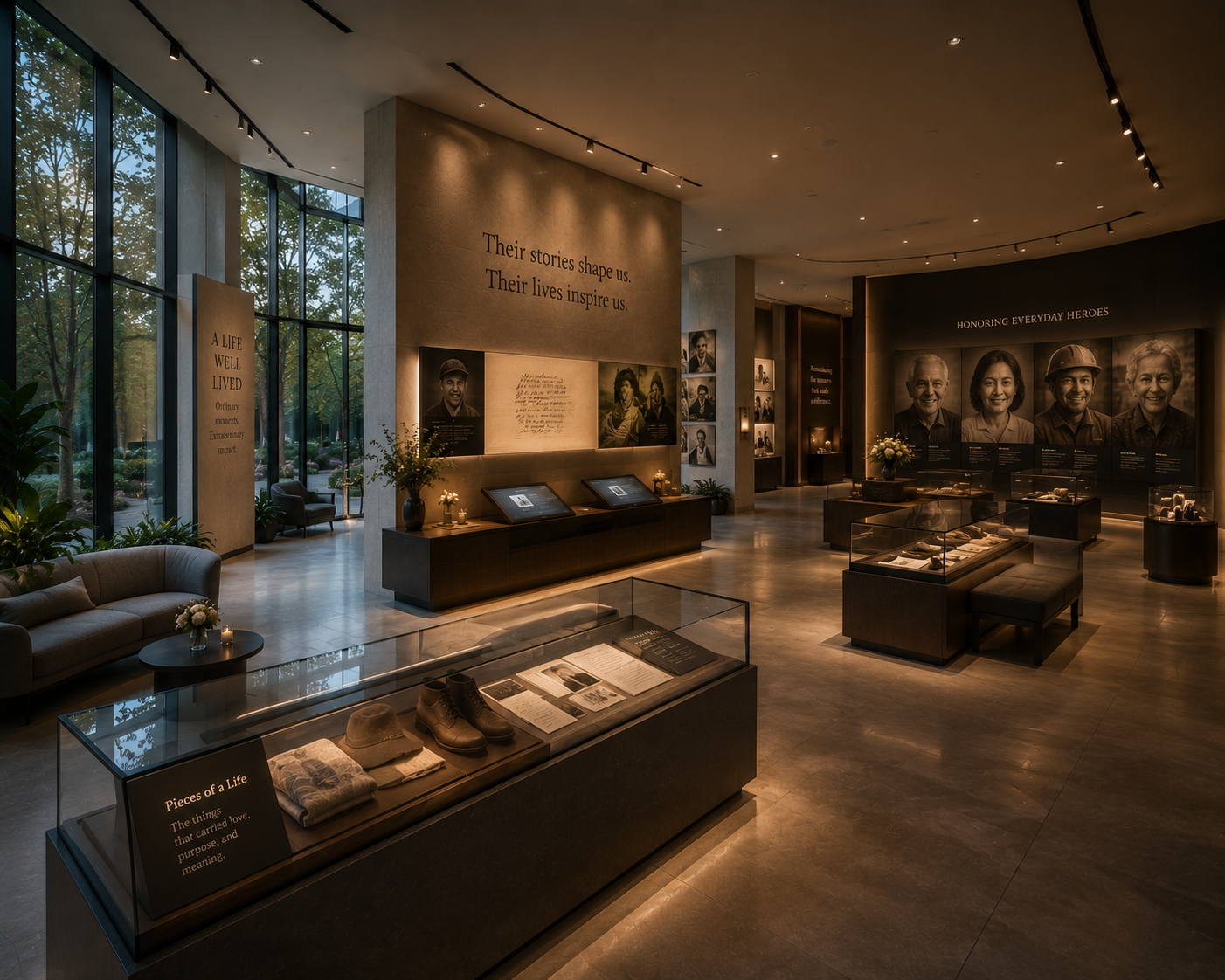 A museum-style gallery of portraits, personal belongings and stories