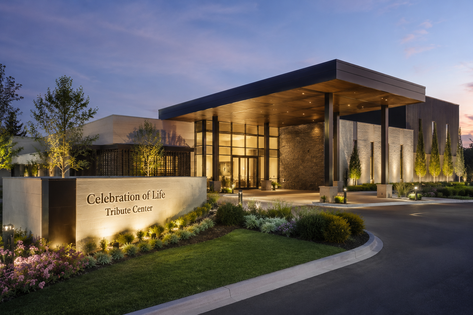 A Celebration of Life Tribute Center at dusk, warmly lit with landscaped gardens