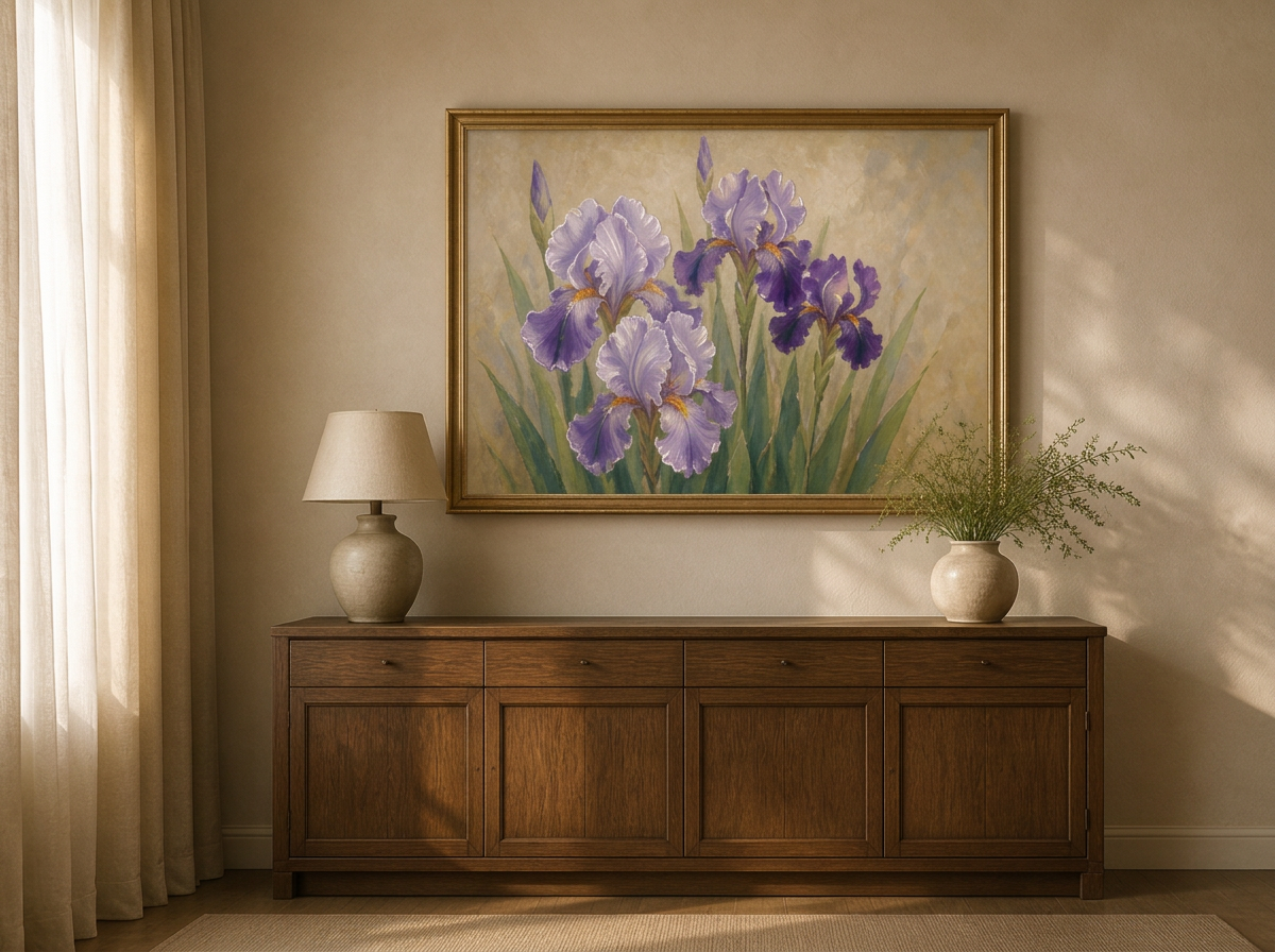 Natalie Bohnen-Twiddy's embellished painting The Iris Garden hanging above a sideboard in a warm home, light catching the embellished strokes of the petals