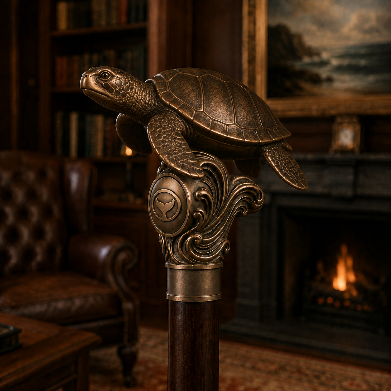 A remembrance cane prototype with a sculpted sea turtle handle