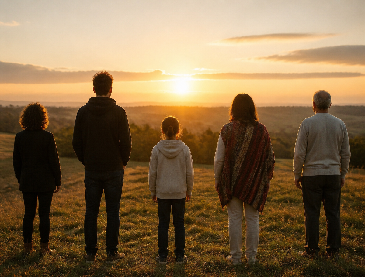 A diverse group of people looking out toward a sunrise over open ground