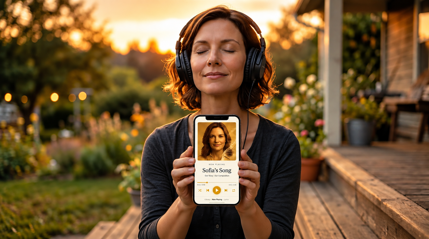 A woman with headphones listening to Life’s Song outdoors at golden hour while holding the experience on her phone