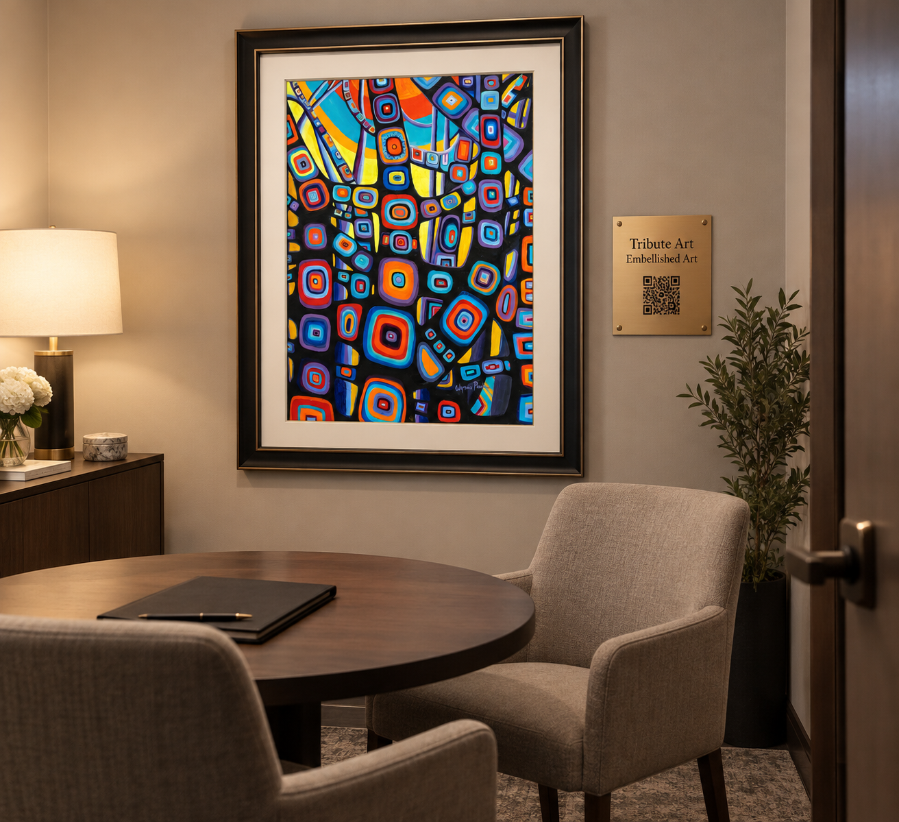A funeral home arrangement room with Tribute Art™ displayed throughout