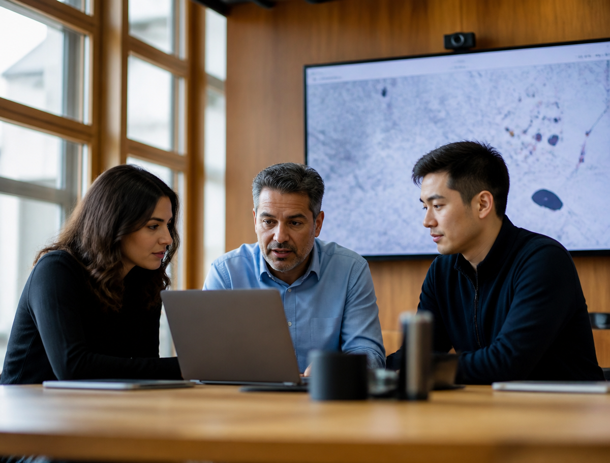 A small team of technology partners collaborating in a bright workspace