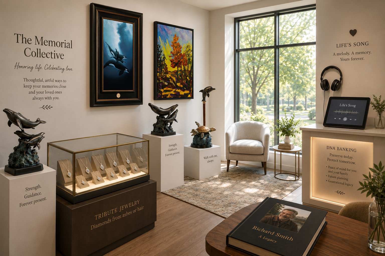 A Memorial Collective gallery experience off the front entrance with tribute jewelry, memorial art and interactive stations