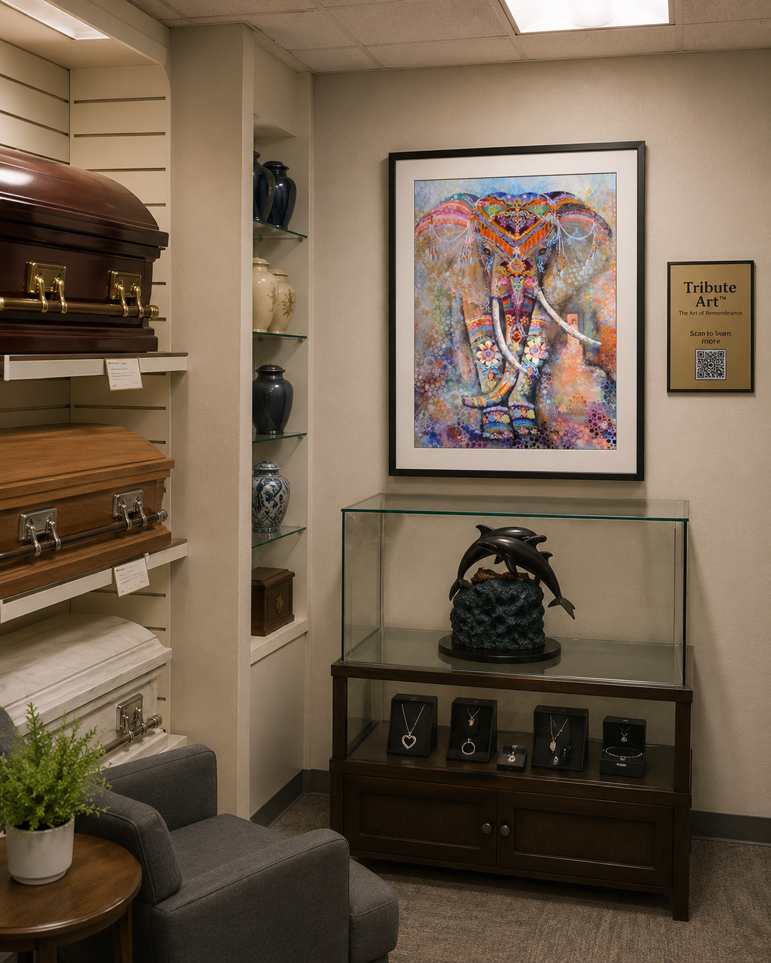 A funeral home showroom with memorial art, caskets and urns on display