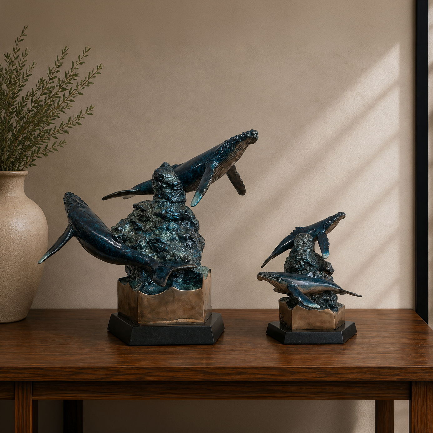 A bronze whale sculpture from the bronze memorial collection in a living room