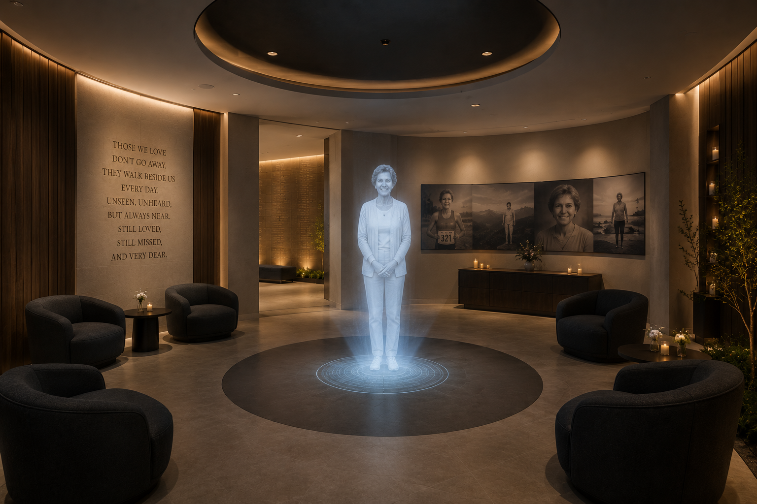 A quiet circular room where a life-size holographic presence of a loved one appears
