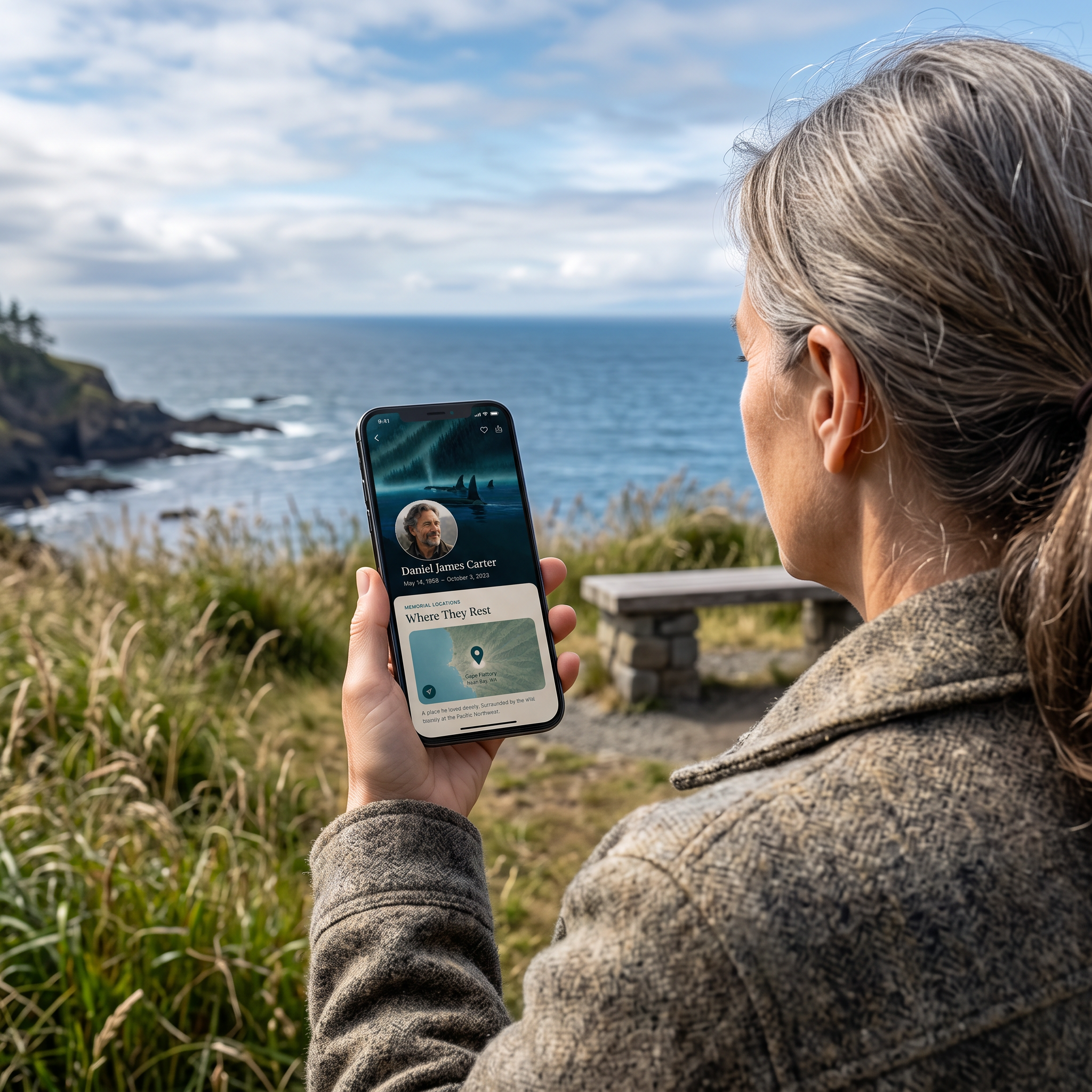 A woman at a coastal memorial place, having just found where her loved one rests