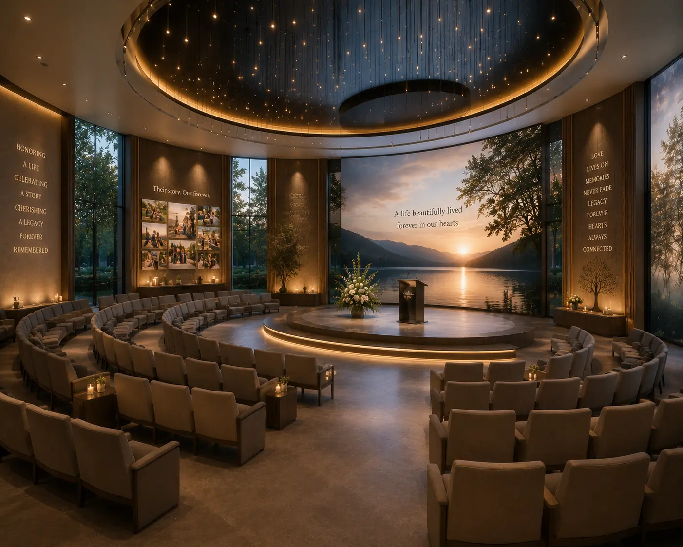A light-filled ceremony hall inside a Celebration of Life Tribute Center