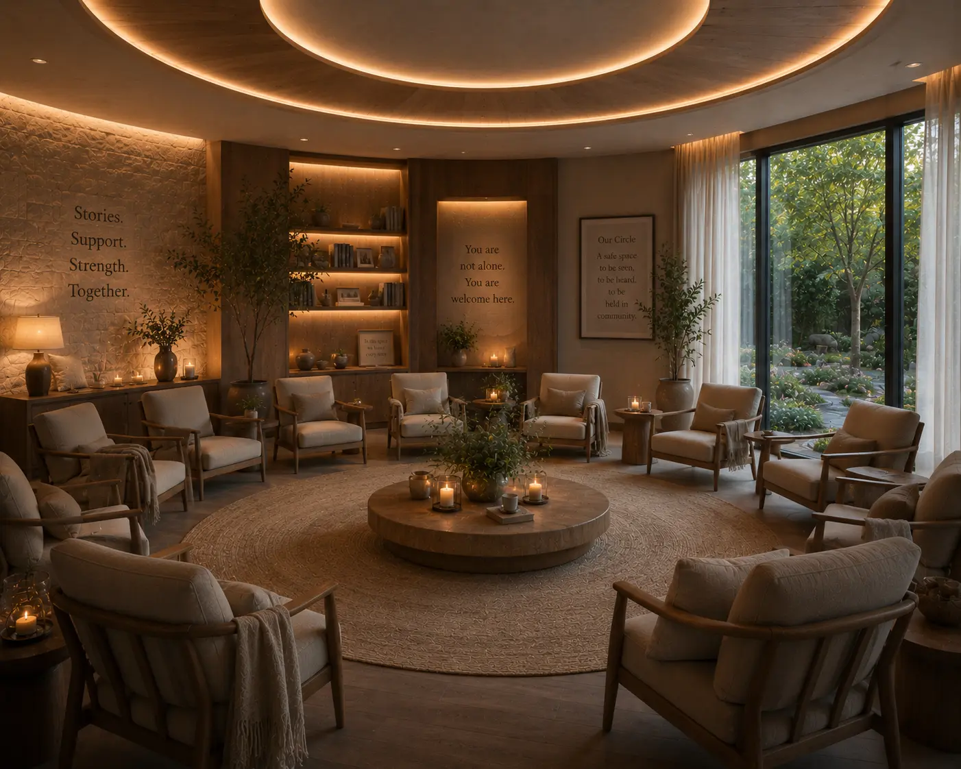 A circle of chairs in a warm room set for a group grief support gathering