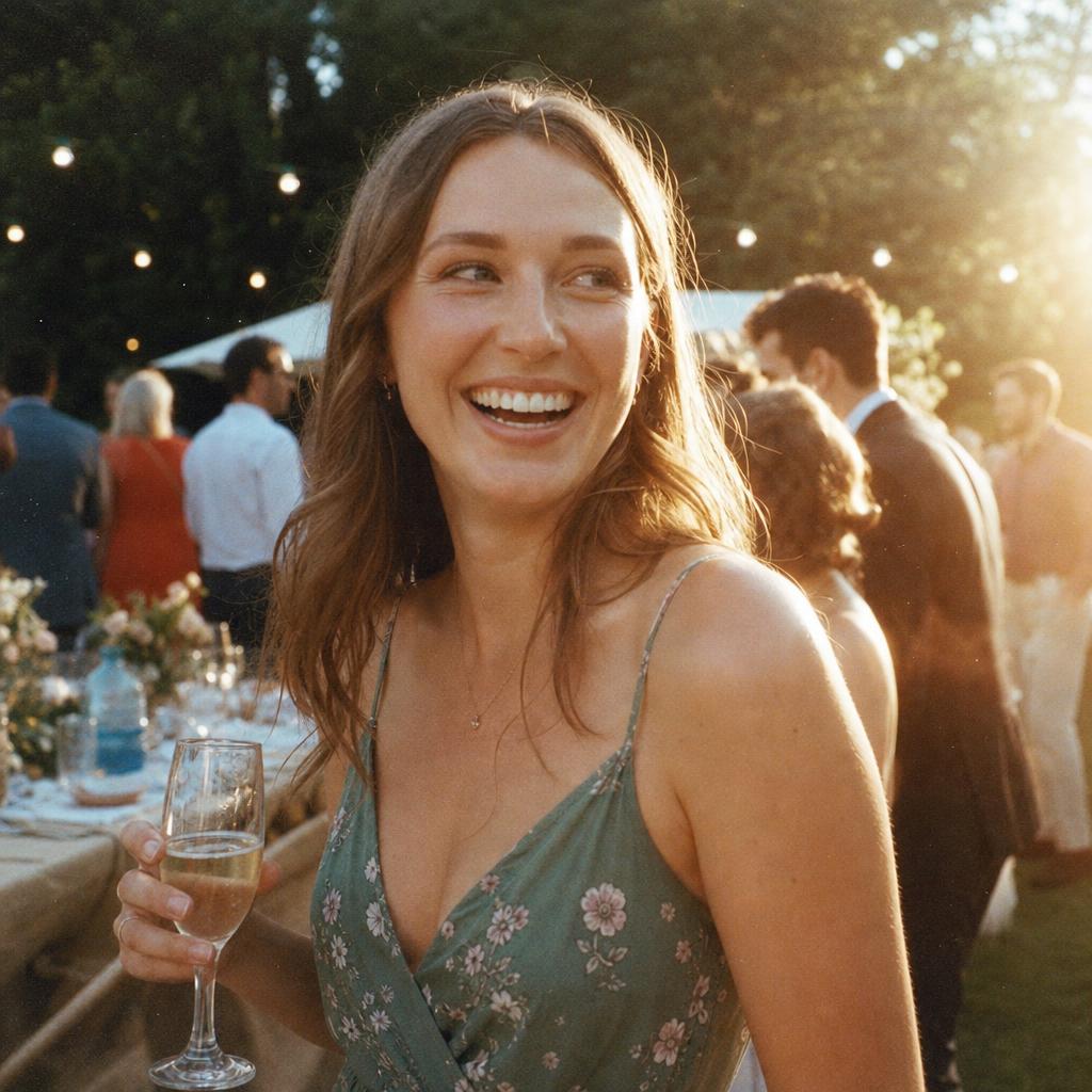 A bride laughing at an outdoor wedding celebration