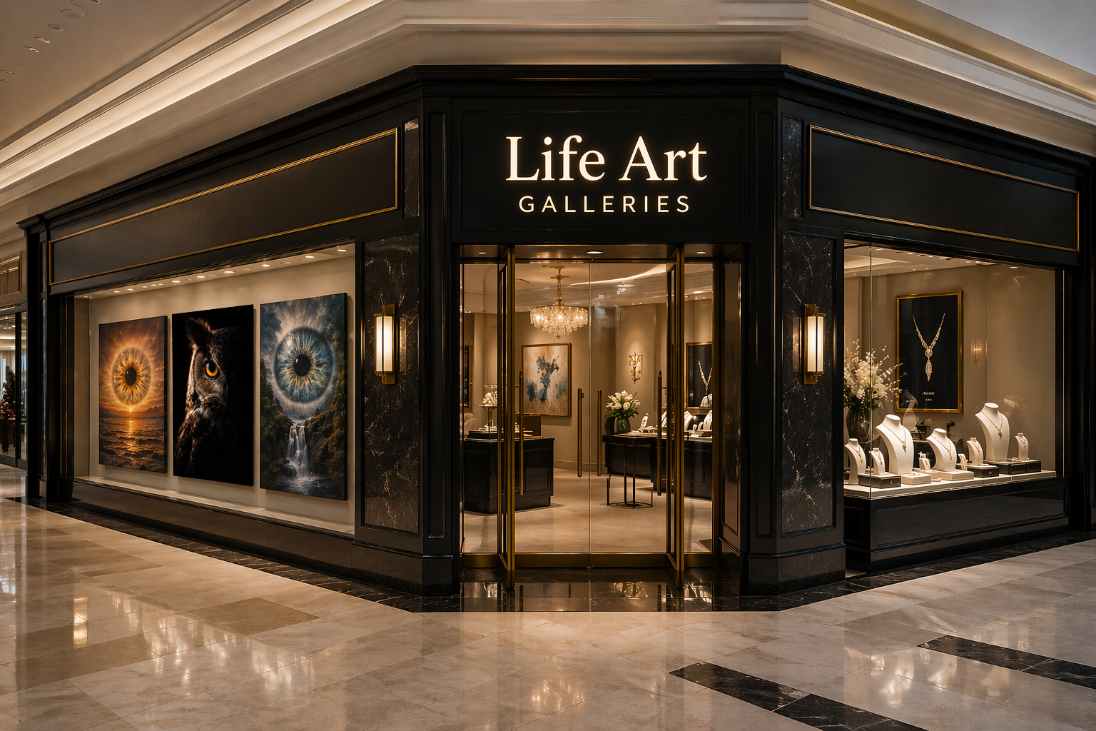 A standalone Life Art Galleries storefront with memorial artwork and keepsake displays