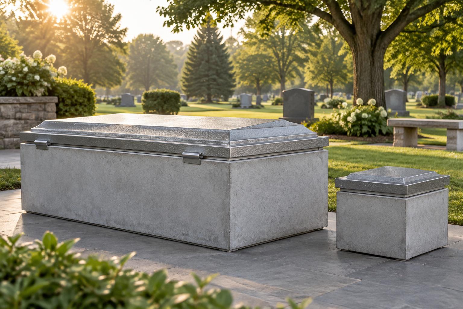 A burial vault and urn vault presented in a peaceful cemetery setting