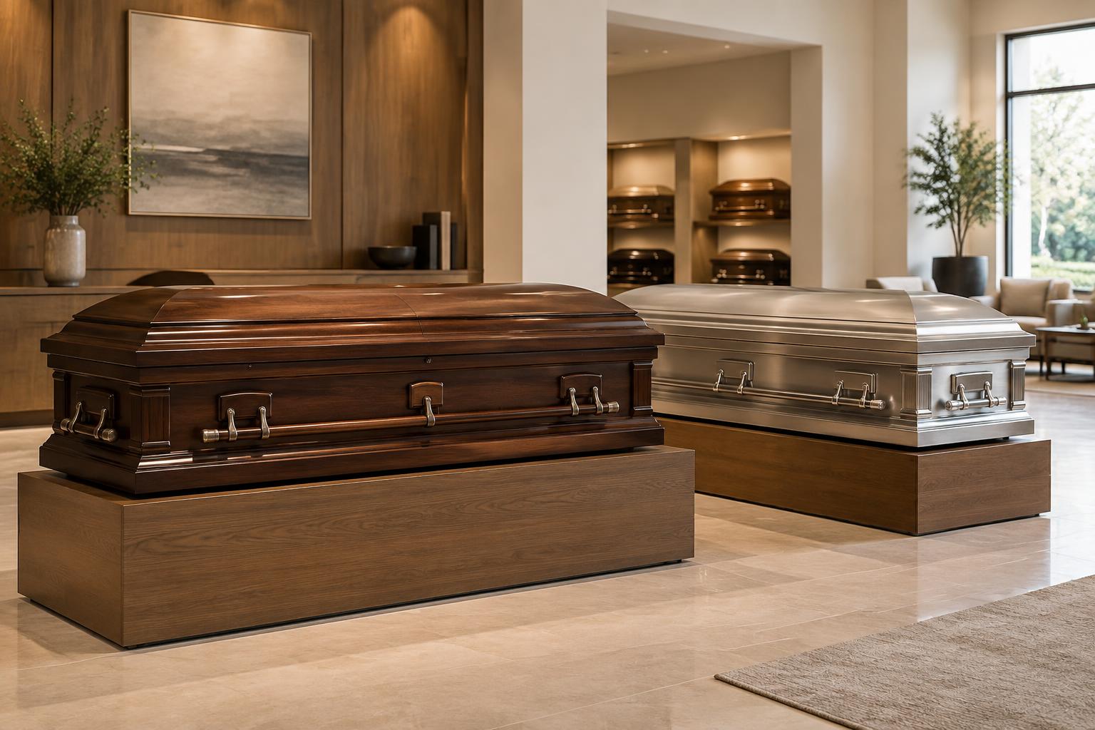 A wood casket and a metal casket displayed in a professional selection room
