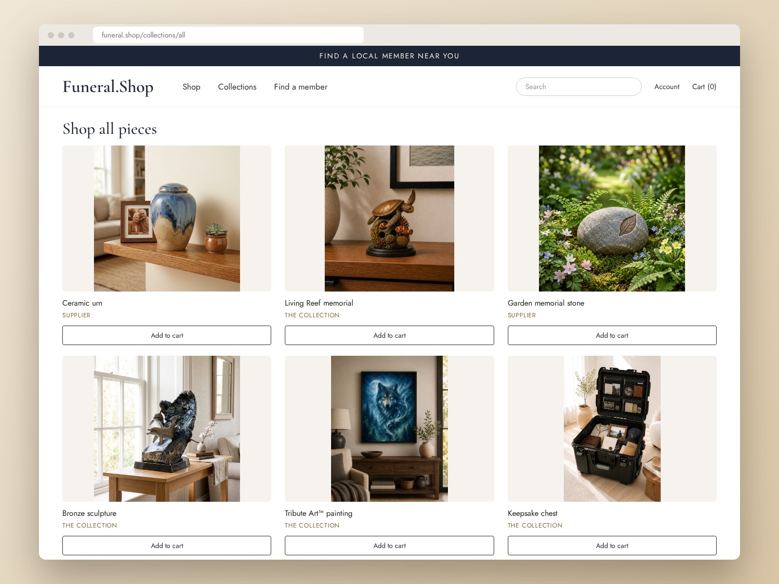 Concept of the Funeral.Shop online store mixing Collection pieces (Living Reef memorial, bronze sculpture, Tribute Art™ painting, open keepsake chest) with a supplier urn and garden memorial stone