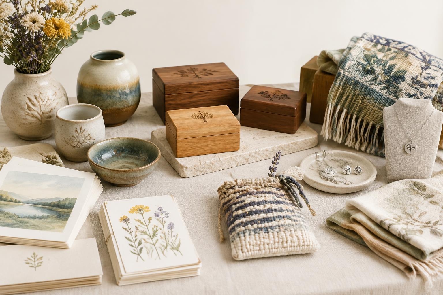 Handmade ceramic vessels, wooden boxes, textiles, jewelry and illustrated keepsakes