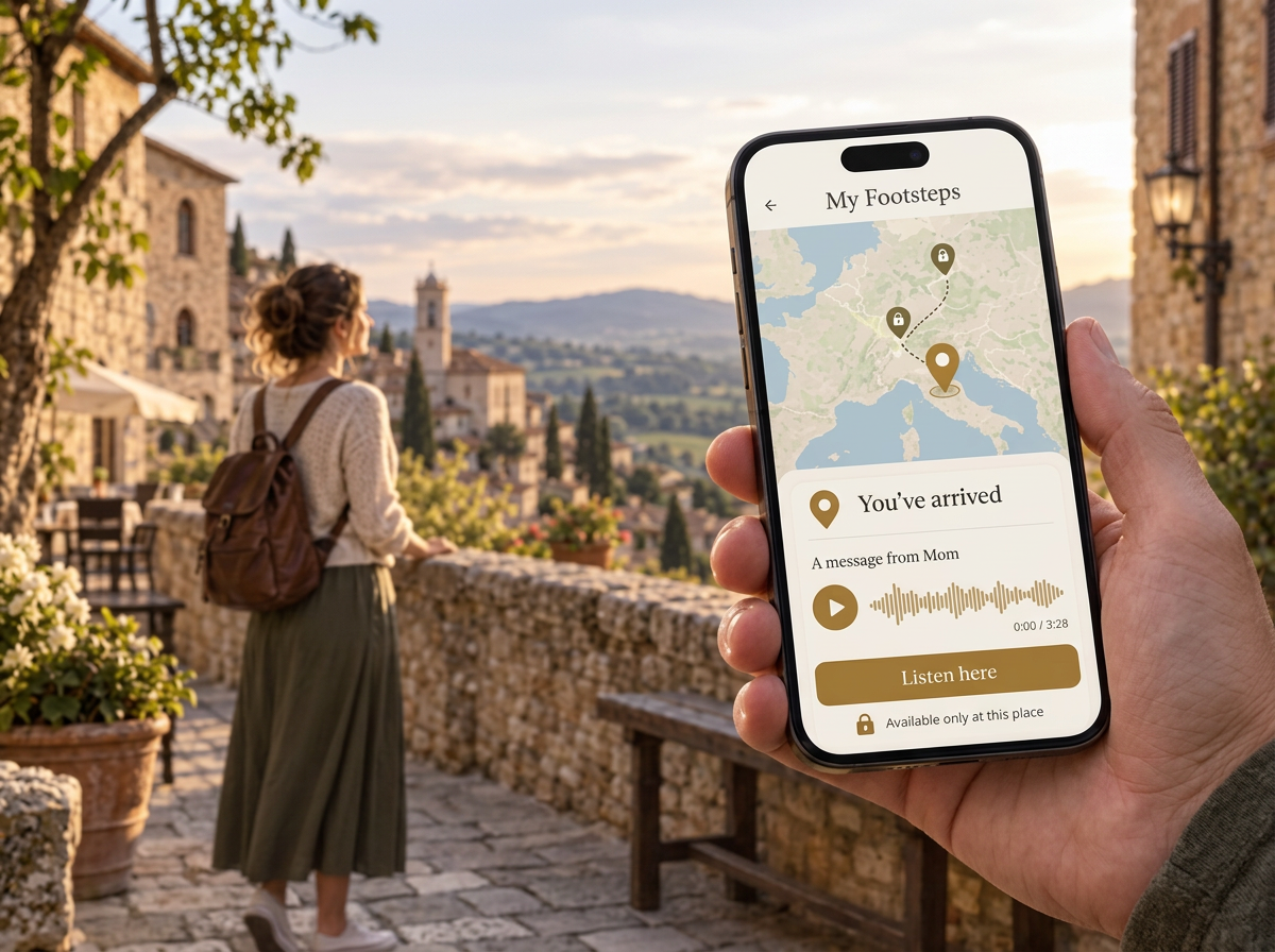 A traveller in an old hillside town beside a complete phone showing My Footsteps
