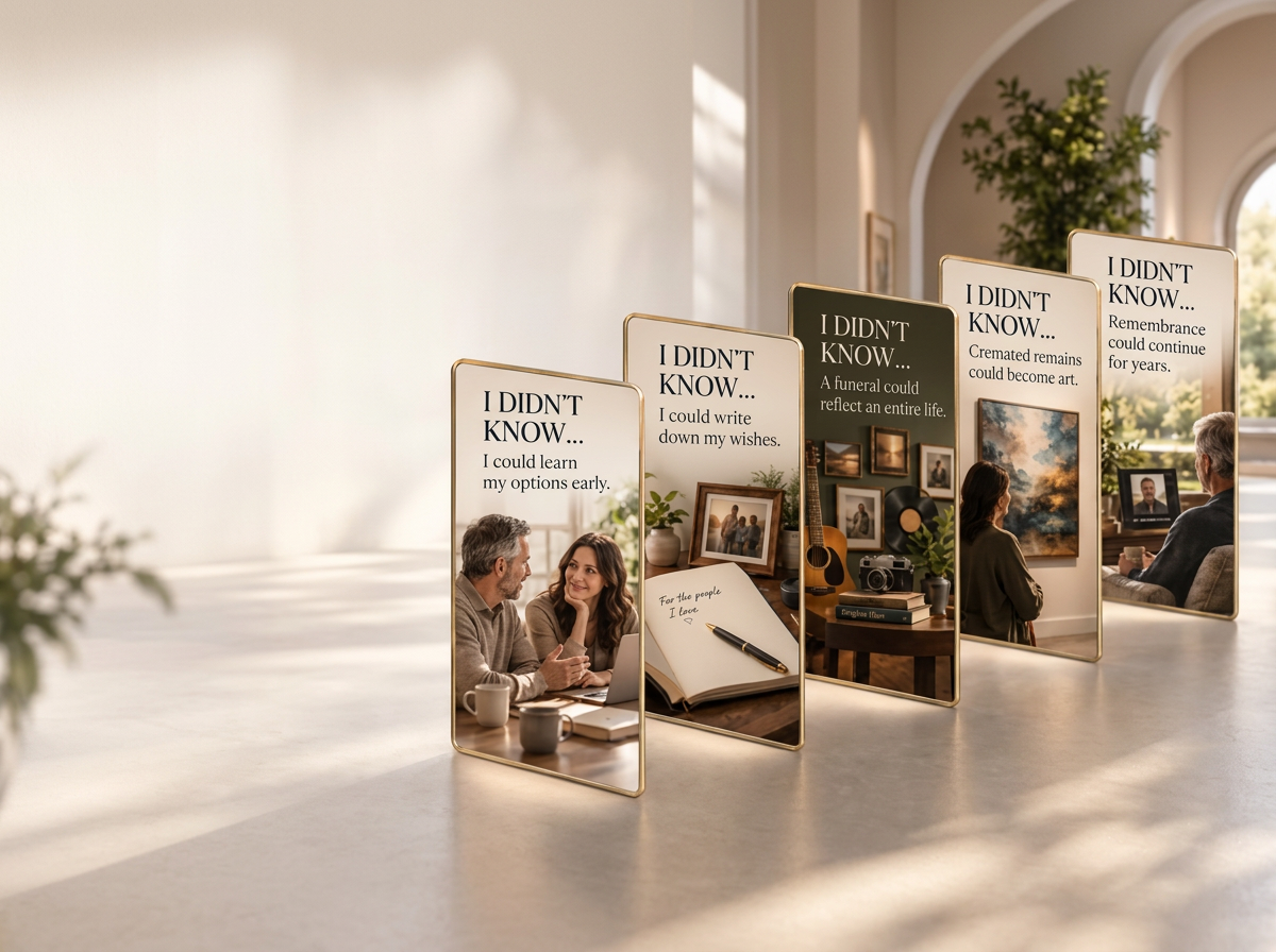 Reimagining What’s Possible campaign cards in a warm interior
