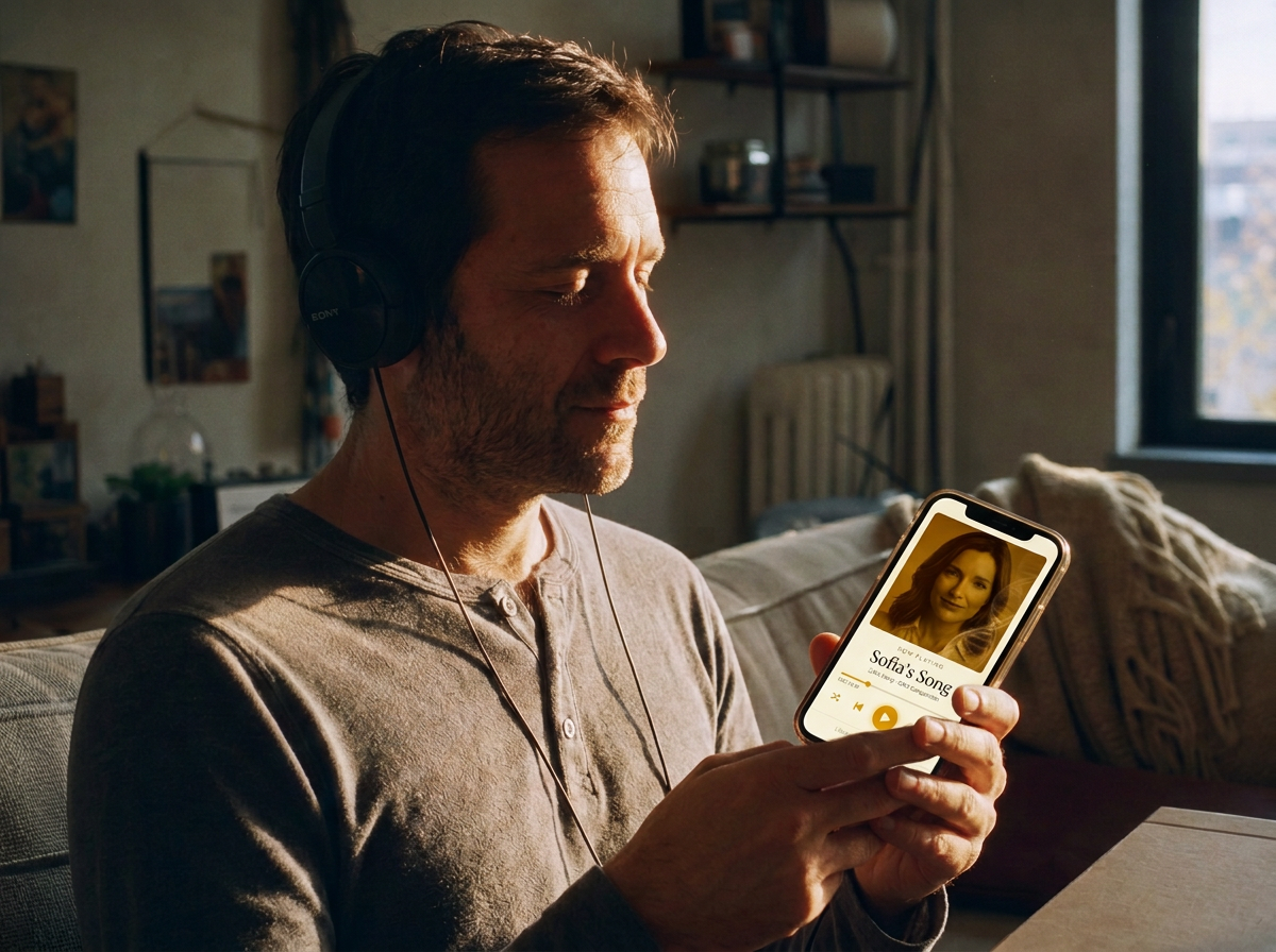 A man wearing headphones while looking at a Life's Song recording on his phone