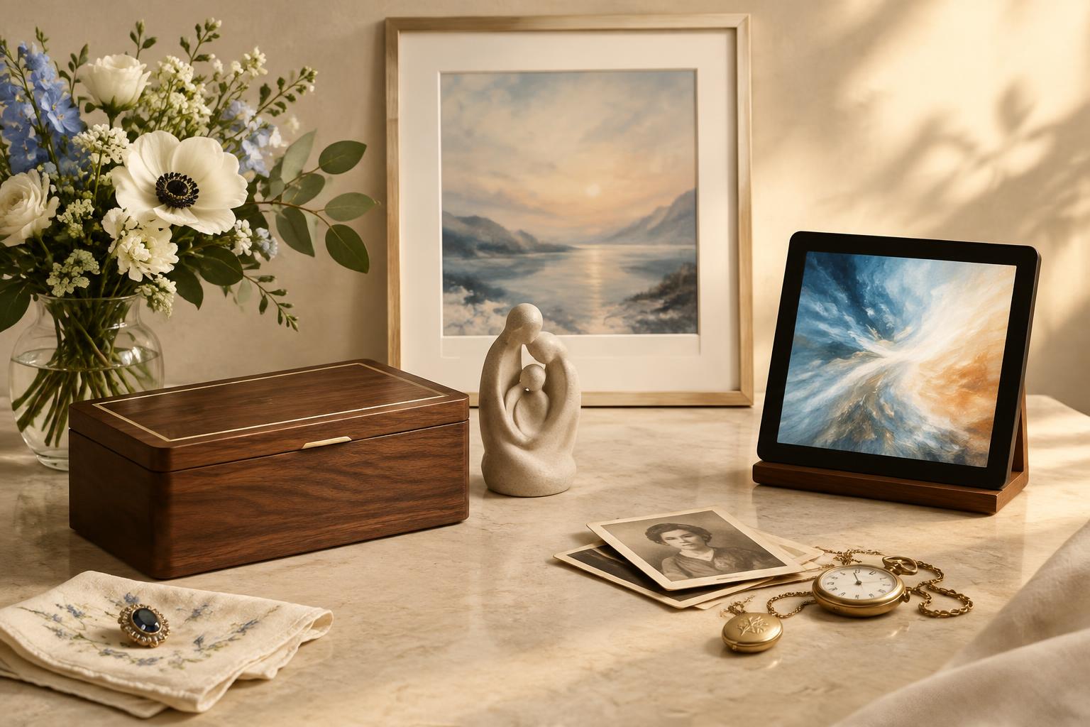 Meaningful memorial products including artwork, a keepsake box, heirlooms and a digital object