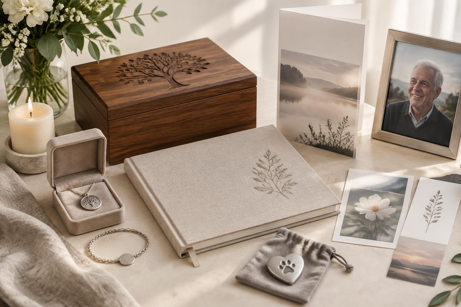 Memorial jewelry, a memory box, stationery and keepsakes arranged together