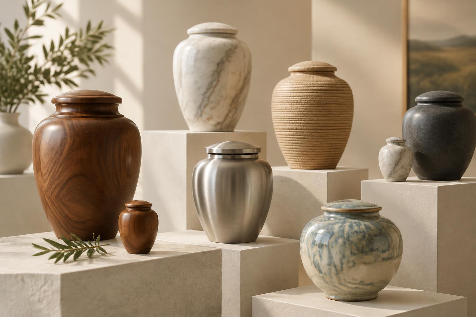 A varied collection of wood, ceramic, metal and natural-material urns